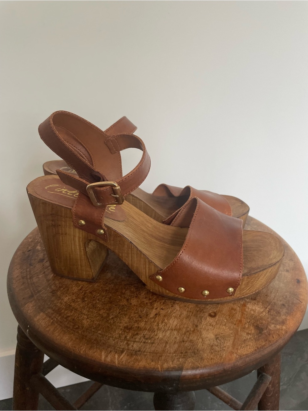 Brown Leather Platform Sandals with Wooden Heel